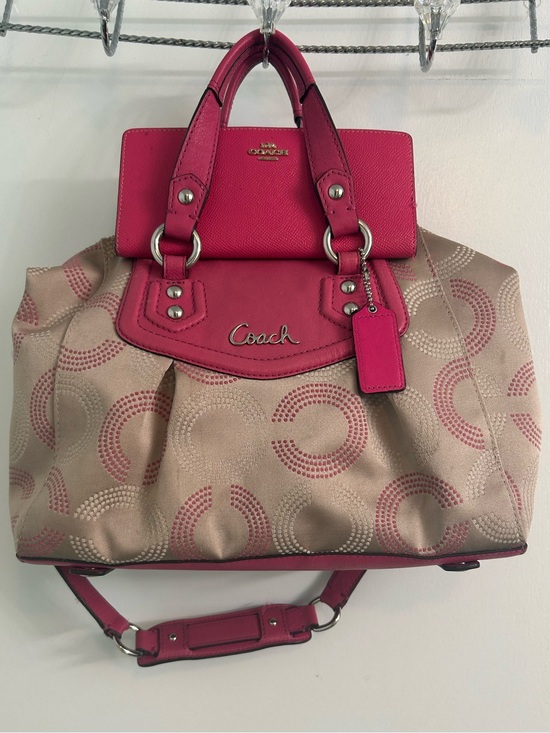 Coach Handbags - Coach Ashley dotted Op Art sateen satchel in khaki and hot pink with wallet